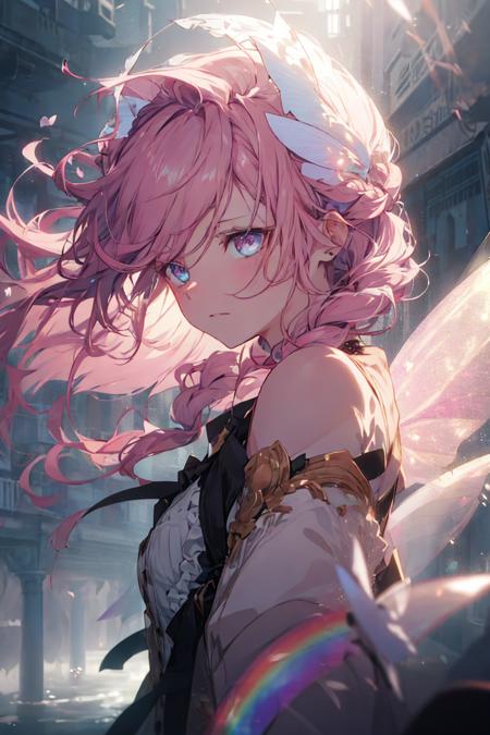 With pink hair and rainbow eyes,beautiful as a fairy,A melancholy expression that stirs affection,side face,floating hair,light particles,glare,vivid,fancy,dreamlike,a dim atomshpere,