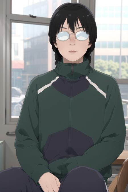 masterpiece, best quality, high quality, highres, high res, absurdres, ultra-detailed, best anatomy, detailed eyes, perfect eyes,
Sitting with legs tucked under,
makoto_kurume, opaque glasses, solo, 1girl, braid, black hair, jacket, glasses, track jacket, green jacket, track suit, track pants, (no eyes:1.2),  <lora:makoto_kurumeV1:0.85>