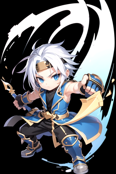 <lora:LassIsolet-03:0.7> ,lassgc, solo, blue eyes, simple background, gloves, 1boy, full body, weapon, white hair, grey hair, male focus, sword, fingerless gloves, chibi, armor, headband, black background, fighting stance