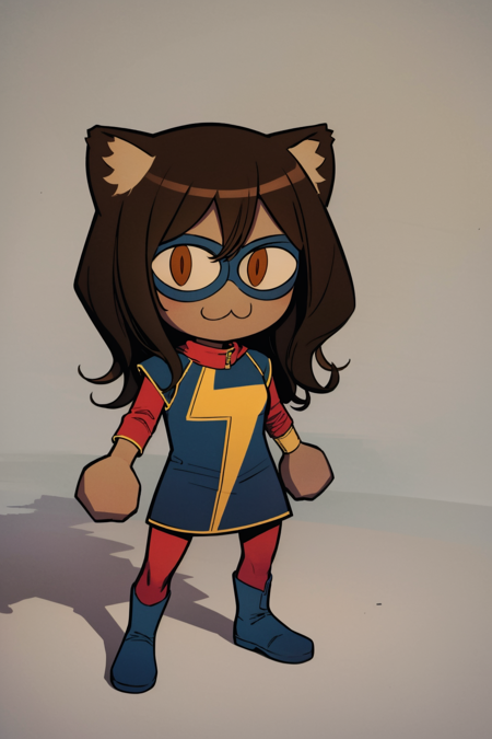 masterpiece, best quality,  1girl, kamalakhan, brown hair, long hair, brown eyes, dark skin, mask, red pantyhose, boots, :3, cat ears, chibi, cat girl, solo, slit pupils, solo, standing, solid grey background <lora:necoArcCharacters_necoArcv3final:1>    <lora:KamalaKhan:1>