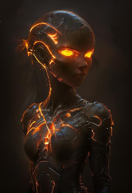 A dark sorceress in gothic armor, her face is a glowing orange crystal, light swirling inside, she holds a staff with a similar glowing orb, wearing a black flowing cloak, intricate armor with glowing cracks on her chest, the setting is dim and atmospheric, soft light filtering through the background, creating an eerie magical vibe, the scene exudes dark fantasy and mysterious sorcery   glowneon, glowing, sparks, lightning, dark, chiaroscuro, low-key