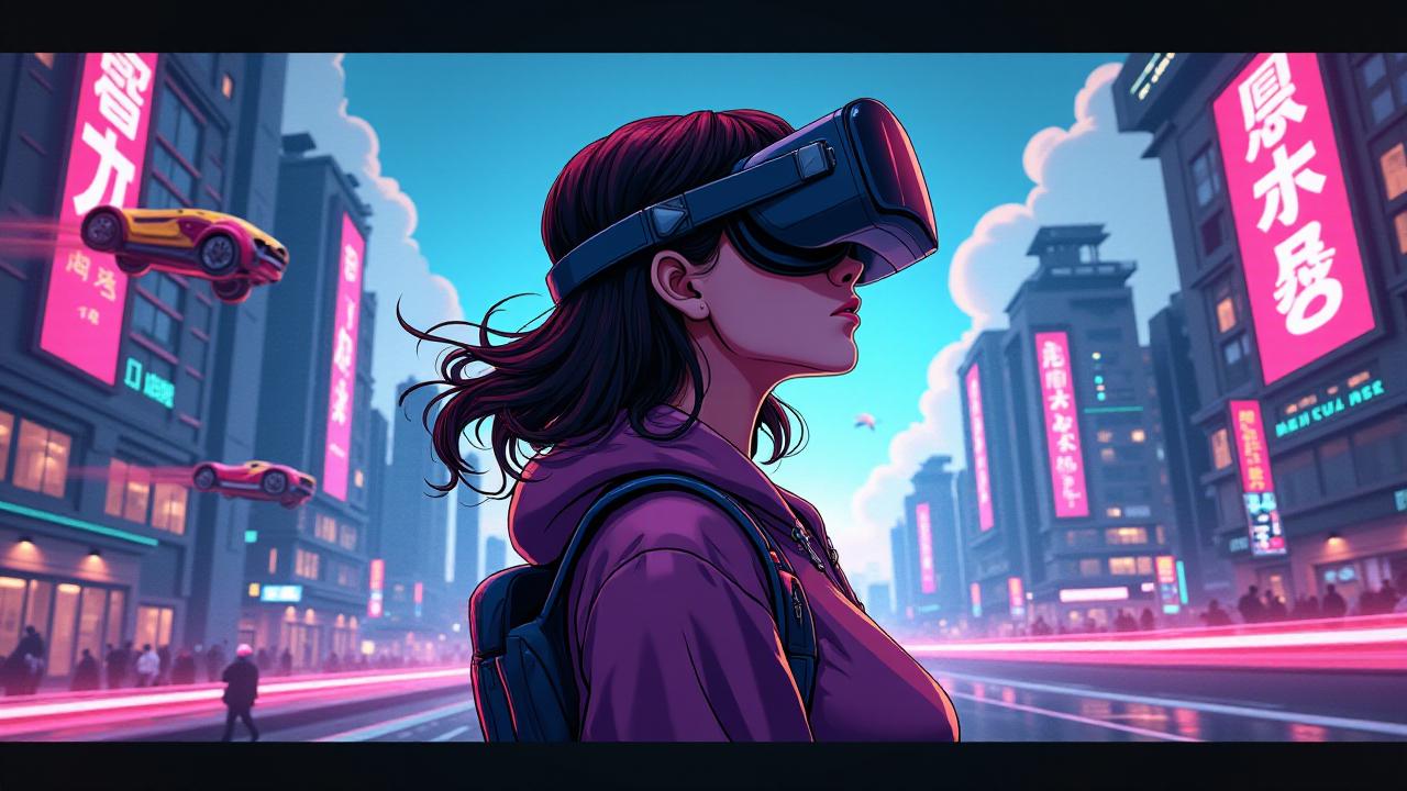 comic a girl playing virtual reality, cities of the future around her, futuristic cars flying in the sky, holograms-advertisements around her, raw, hdr, 8k textures, extreme detail, hight detailed skin texture, epic details, high sharpness . graphic illustration, comic art, graphic novel art, vibrant, highly detailed