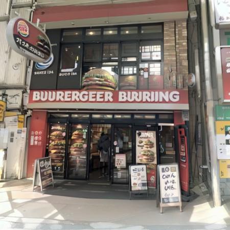 best quality, ultra-detailed, illustration,
burgerking, scenery, storefront, food, shop, burger, outdoors, sign, road, street, building, 
 <lora:burgerking_SD15_V2:1>