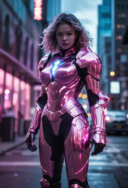 by night woman wearing translucent glowing pink glass armor, holographique armor, standing on a futuristic city street, fighting pose, dramatic light, cinematic grain, electric aura around her, hkstyle, ultra instinct, aura, no weapon, energy sparks