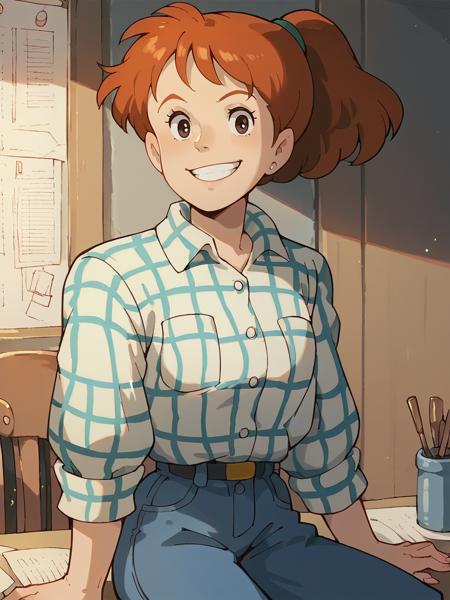 fio piccolo, 1girl, solo, orange hair, ponytail, plaid, shirt, pants, red striped socks, shoes, apron scarf, goggles on head, hat