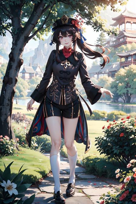 <lora:Hutao:0.7>, hu_tao, cowboy shot, beautiful girl, hat, hat flowers, brown long sleeves coat, black shorts, bare legs, white socks, black shoes, standing, long brown hair,  masterpiece, best quality,  (colorful),(delicate eyes and face), volumatic light, ray tracing, bust shot ,extremely detailed CG unity 8k wallpaper,smile,((flying petal)),(Flowery meadow) sunny,sunshine, light, fantasy, windy, magic sparks, trees, lake, mountains, ((flowers)),harano,