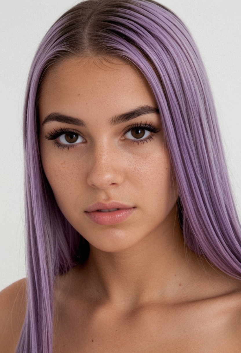 masterpiece, 4k, intricate details, highly-detailed, hyper-realistic, realistic, photorealistic, simple background, white background, 
1girl, looking at viewer, medium breasts, (eyeliner:1.2), 18 year old woman, mediterranean woman, {pale|tanned|olive} skin, {spanish|italian|slovenian|croation|bosnian|greek|albanian} woman, thick body, straight hair, lavender hair color