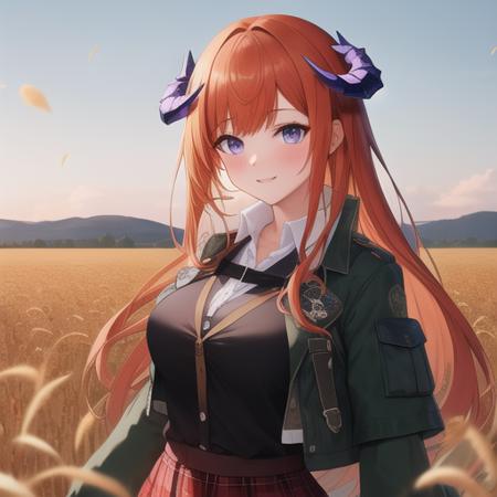 (masterpiece, best quality:1.2),illustration,8k,hd,absurdres,sky,wheat field,1girl,solo,upper body,(portrait:1.2),bangs,orange_hair,smile,purple_eyes,dragon_horns,black thighhighs,very_long_hair,blush,large_breasts,black_gloves,green_jacket,long_sleeves,looking_at_viewer,shirt,red_skirt,blue_eyes,plaid skirt,<lora:Bagpipe(ark)>,