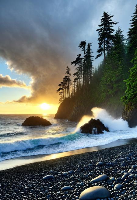 a photograph of a beach on the Pacific northwest coast, rocky pebble beach, a large looming evergreen cedar Forrest looming, the ocean is vibrant and crashing, deep vivid blues and greens, the sky is grey and clouds are heavy the sun is radiating however cutting through a break in the thick looming storm clouds, epic, realism, photo-realism, highest quailty, highest detail, professional, landscape, nature