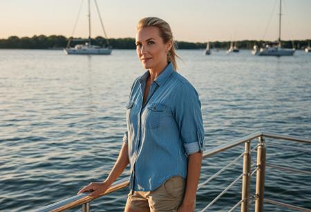 A realistic, hyper-detailed 8K editorial-style portrait of a 40-year-old woman with sleek blonde hair tied back, piercing blue eyes, soft wrinkles and grounded elegance. She wears a rolled-sleeve denim shirt and khaki shorts. She stands on a dock in Chesapeake Bay, with sailboats in the background and golden-hour lighting reflecting off the water. Natural sunlight, breeze in her hair, Nikon Z9, 50mm lens, f/2.0, crisp textures, realistic water reflections.photography , editorial photo,  realistic , natural light,  highly detailed