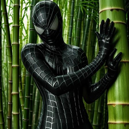score_9, score_8_up, score_7_up, best quality, realistic, masterpiece, beautiful detail, hyperrealistic, ((1girl, woman body, big breasts)), amazing detailed full body of a beautiful japanese girl, wearing a realistic and highly detailed black raimi spider-man suit, ((huge muscular girl)), ((wears black spiderman mask)) , professional model wears ultra - detailed black raimi spider - man suit, ultra - detailed and grained black raimi spiderman suit, suit covered entire body and hand, black spiderman gloves, wet, (a dreamy scene of a woman on a bamboo tree,), (dirty skin), close up, octane render, highly detailed, volumetric, dramatic lighting, (highest quality:1.1), (HDR:1.3), (top quality, best quality), realistic, high definition,