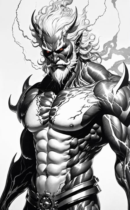 biomechanical style Japanese Ink Drawing, Silhouette Art, (masterpiece, best quality, hires, high resolution:1.2),(extremely detailed, realistic, intricate details, highres),1boy,solo,white hair,white long beard,(santa claus oni demon:1.5), (lightning effect:1.2), eyeliner,eyeshadow,eyelashes,crop top, sexy, abs, muscular, chest hair, head toward the camera,winter,(cinematic lighting, volumetric),looking at viewer, high contrast, well defined, Silhouette Art, ink drawing, inkwash, Japanese Ink Drawing . blend of organic and mechanical elements, futuristic, cybernetic, detailed, intricate