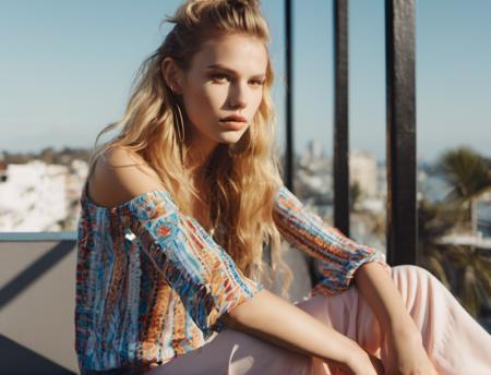 <lora:sydneyroper_lora_xl :1> sydneyroper a close up portrait fashion photo of a beautiful 26 y.o woman balcony seated, bell bottoms, bright colors, vintage clothing, barefoot, fashion, designer, (high detailed skin:1.2), 8k uhd, dslr, soft lighting, high quality, film grain, Fujifilm XT3