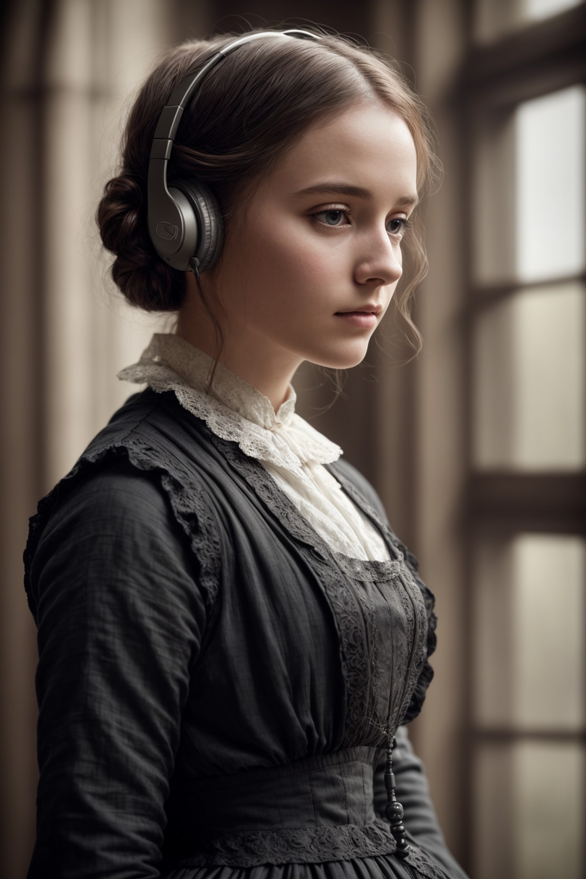 Jane Eyre with headphones, natural skin texture, 24mm, 4k textures, soft cinematic light, adobe lightroom, photolab, hdr, ...