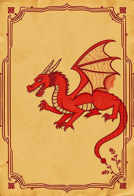 background is an ancient red dragon paper tapestry tale with frames in a old sketchy shabby chic style