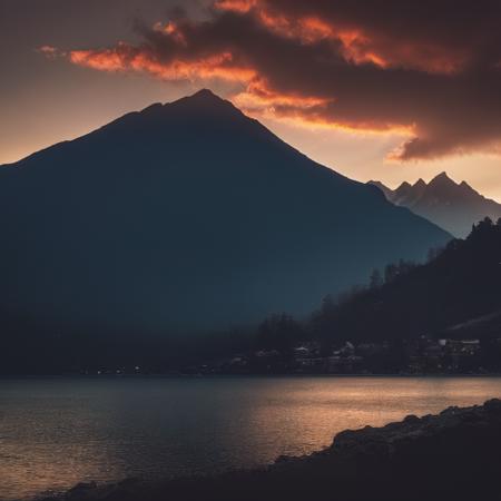 cinematic film still of  <lora:volumetric lighting:1> volumetric lighting style
a beautiful sunset over a lake with a mountain in the background,outdoors,sky,cloud,water,no humans,night,building,scenery,reflection,sunset,mountain,city,horizon,cityscape,river,landscape,mountainous horizon,lake,city lights,hill , volumetric lighting, haze light, fog light, beam light, polarized
, shallow depth of field, vignette, highly detailed, high budget, bokeh, cinemascope, moody, epic, gorgeous, film grain, grainy