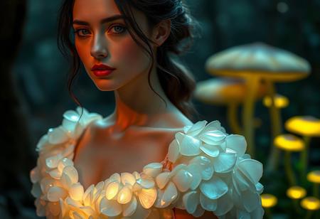 A detailed portrait of a woman in an elegant dress made of luminescent, shell-like structures, blending seamlessly with her soft skin. The scene is set in a dark, enchanted forest with glowing mushrooms in the background. The lighting emphasizes the glossy textures of her gown, creating a mystical atmosphere.