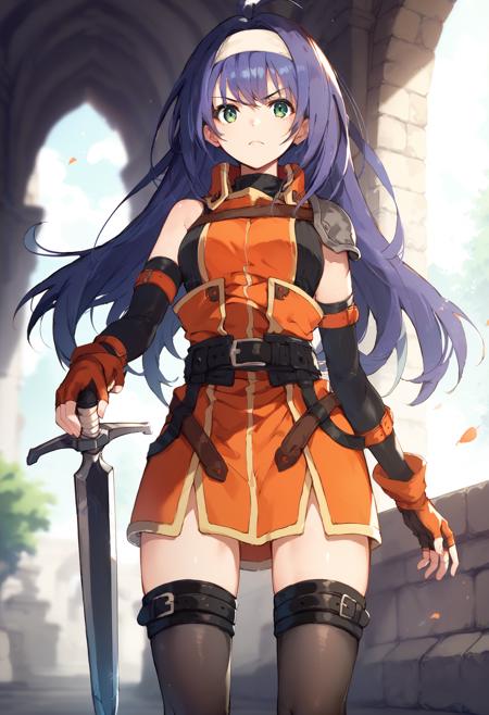 mia feh white hairband,shoulder armor,orange dress,sleeveless turtleneck,belt,fingerless gloves,thighhighs,boots