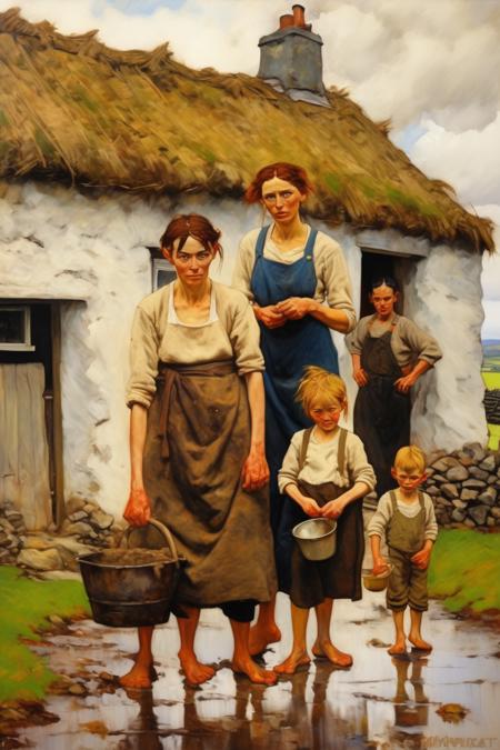 <lora:William McTaggart Style:1>William McTaggart Style - A painting of a poor barefoot working class family in front of their rustic muddy thatched cottage in rural Ireland in the style of Norman Rockwell