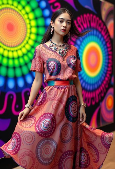 (nubile young woman:1.3), (wearing a fully spirograph-inspired outfit:1.5), (spirograph-patterned skirt:1.6), (geometric spiral motifs:1.5) flowing across fabric, (multilayered spirograph accessories:1.3), (complex interwoven patterns:1.4), (swirling designs on blouse and jewelry:1.2), (vivid colors:1.3), (dynamic animation effect on fabric), (fabric fluttering in wind), (color gradients following spiral lines:1.2), (high-energy patterns:1.3), (soft glowing light on shapes), (psychedelic background hints:1.2), (urban art gallery setting), (delicate and lightweight fabrics:1.4), (smooth flowing pose:1.2), (perfect color harmony), (motion blur hints), (abstract spirograph wallpaper:1.2), (photorealism:-1.5), (mutated limbs:-1.4), (blurry shapes:-1.3), (simple patterns:-1.2), (flat colors:-1.1), (oversaturated lighting:-1.2), (poor proportions:-1.3)