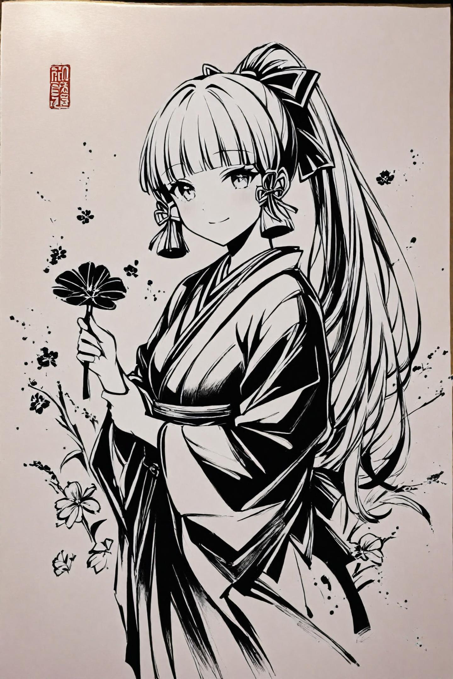 ink \(medium\),monochrome,greyscale,1girl,kamisato ayaka,solo,flower,ponytail,japanese clothes,long hair,kimono,holding,smile,bangs,looking at viewer,hair ribbon,ribbon,sidelocks,blunt bangs,traditional media,
<lora:okazu_illustriousXL:1>,