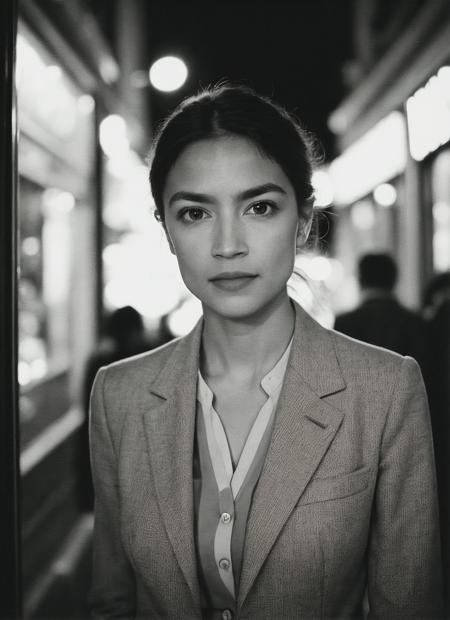 candid RAW close up portrait photo of sks woman in a (purple colored suit:1.0) on a dark street with shopping windows (at night:1.2), bokeh, Ilford Delta 3200 film, dof, high definition, detailed, intricate, flashlight, <lora:locon_aoc_v1_from_v1_64_32:1.25>