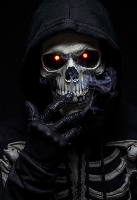 A scary picture of a person dressed as a skeleton. The person is wearing a black hooded jacket and has a black glove on their hand. The face of the skeleton is covered with a hood. The eyes of the skull are glowing red. There is a lot of smoke coming out of the person's face.