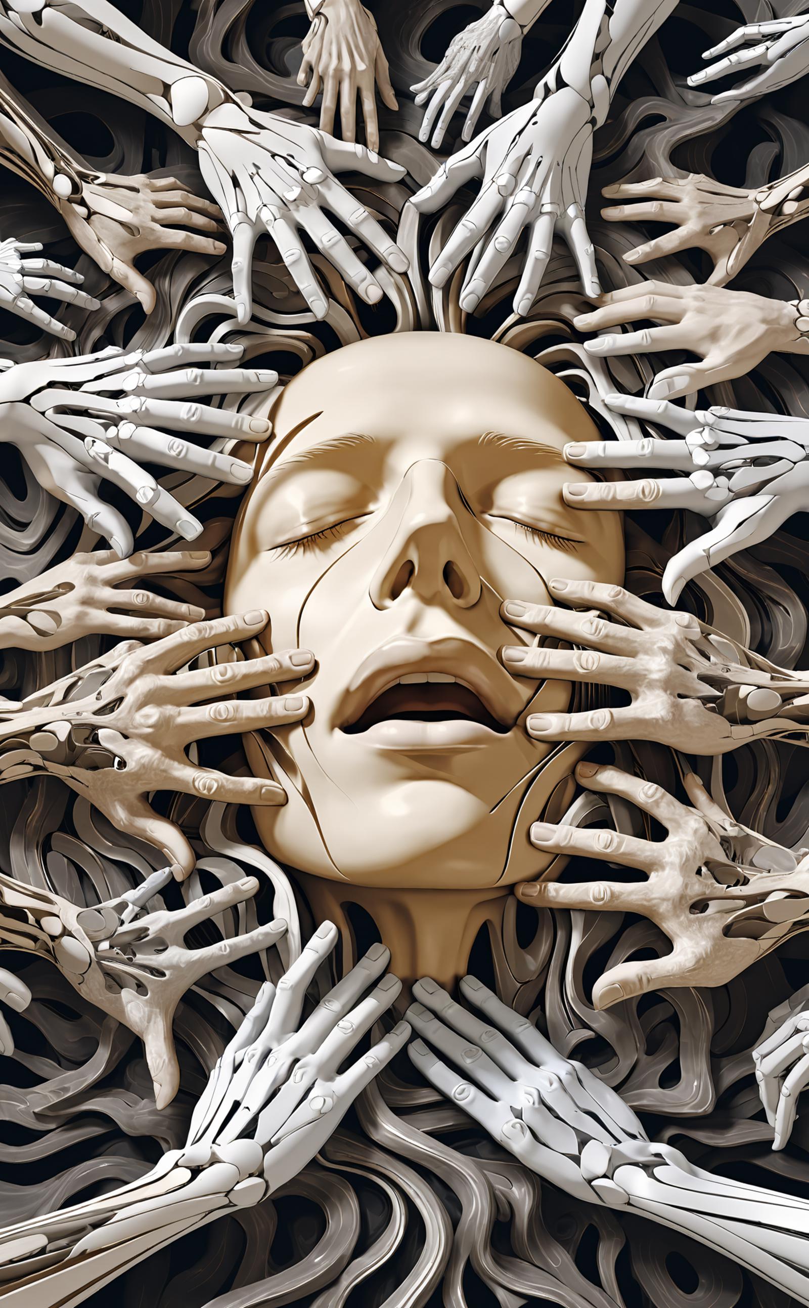 A 3D model of a face with hands placed over the mouth and eyes, giving an impression of being held down or restrained.