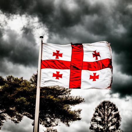 the georgia country  flag,georgia countryFlag,Hyperrealistic,Hyperdetailed,realistic,masterpiece,best quality,ultra realistic,High Detail,<lora:AsiaFlags01-000002:1>,Cinematic Lighting,in winter,rain,rainy days,cloudy,city,cityscape,street,
