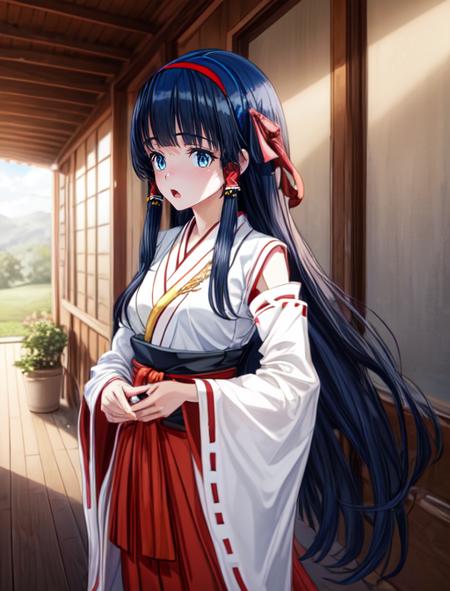 best quality, masterpiece, highres, detailed, digital artwork, <lora:Detail - add_detail:0.2>, MyojinOka,  <lora:Character - MyojinOka:0.8>, blue hairband, blue eyes, black hair, long hair, miko, red hakama,  frightened,camp