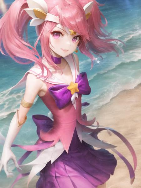 beach, star guardian lux, lux \(league of legends\), star guardian \(league of legends\), league of legends, 1girl, armlet, boots, bow, choker, earrings, elbow gloves, gloves, hair ornament, jewelry, magical girl, pink eyes, pink hair, pleated skirt, purple skirt, ribbon, skirt, smile, solo, thigh boots, thighhighs, tiara, twintails, white gloves, <lora:star_guardian_lux-000031:1>