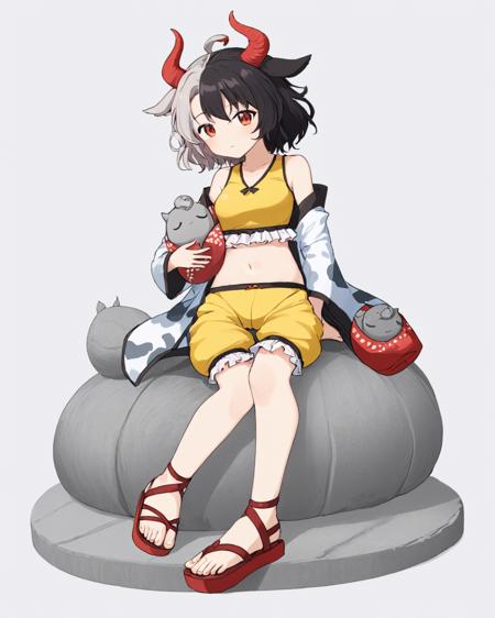 ushizaki urumi,red_tail, 1girl, haori, red_horns, cow_tail, yellow_shorts, white_background, cow_print, sandals, solo, frilled_shorts, navel, cow_horns, simple_background, midriff, crop_top, statue, full_body, holding, sitting, red_footwear, yellow_tank_top, long_sleeves, cow_girl
<lora:ushizaki_urumi_image858_2023-12-20-000015:1>,star-shaped_pupils,symbol-shaped_pupils,. gorgeous,key visual, vibrant, studio anime,award-winning, professional, highly detailed,high budget, cinemascope