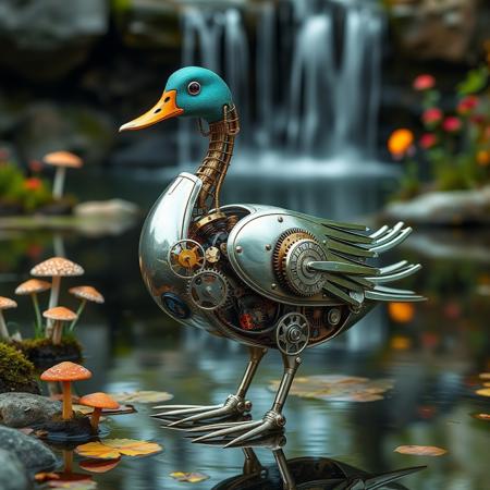 hyperrealistic photograph of a Clockwork robot duck, Polished aluminium skeleton, brass cogs and gears, wind up springs, feathers made of fine copper wire, teal head, gems for eyes, standing by a tranquil pond, vertically reflective water, brightly coloured mushrooms and flowers, water fall in background,