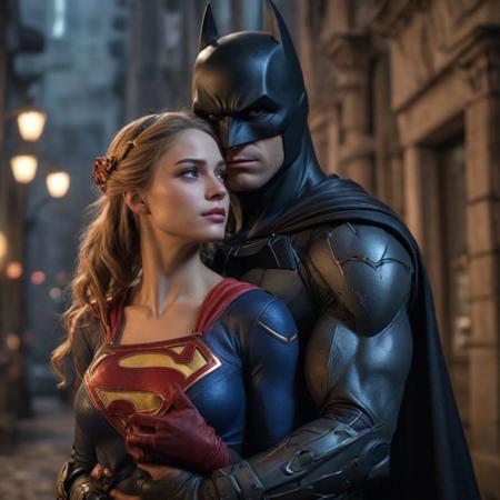 High resolution ultra-realistic of beautiful Supergirl finds himself in a love embrace with mysterious Batman in a dramatic scene under a full moon on a dirty Gotham City street, full bodys, Intricately Designed combat costume, 8K, ultra-realistic bodys, defiant and seductive, Cinematic Lighting, sharp focus, digital painting, Photograph Taken on Nikon D750, Alphonse Mucha, 8K, athletic figures, Hyperdetailed, hyperrealism, Hyperdetailed, hyperrealism, aesthetics comics movie