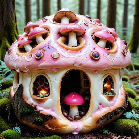 an enchanted forest where mushrooms resemble soft buns, caps layered in swirls of pink dough, glowing jam seeping from fissures, small creatures nesting inside hollowed centers, mist swirling with warm bakery scent, Buns