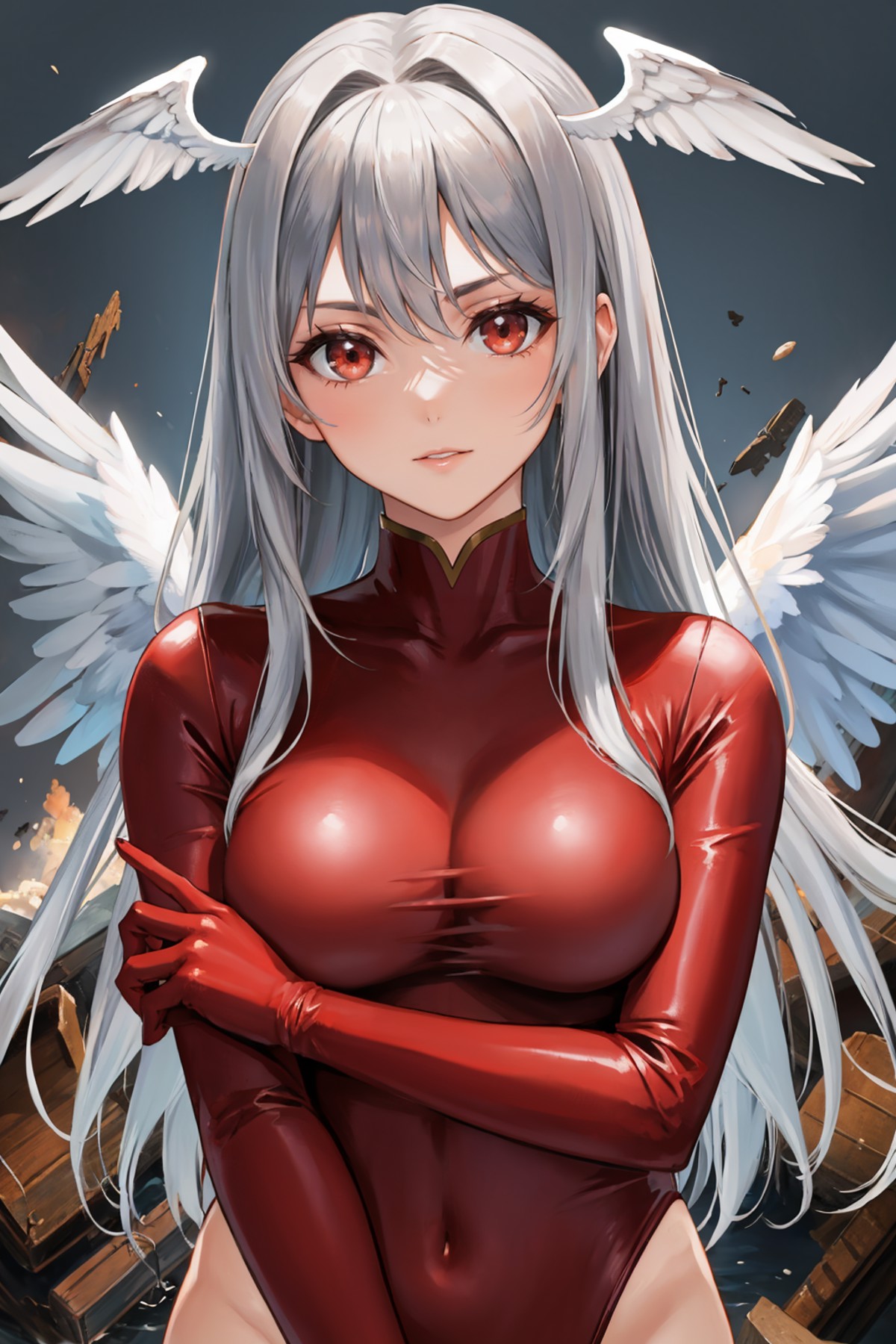 masterpiece, best quality,  <lora:fftultima-nvwls-v1-000009:0.9> fftultima, head wings, long hair, angel wings, red leotar...