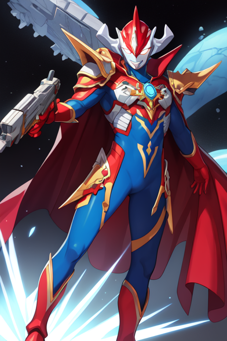 ultramannewgen, solo, spikes, smile, blue bodysuit, science fiction, cape, open hand, gun, shoulder armor, single horn, red footwear