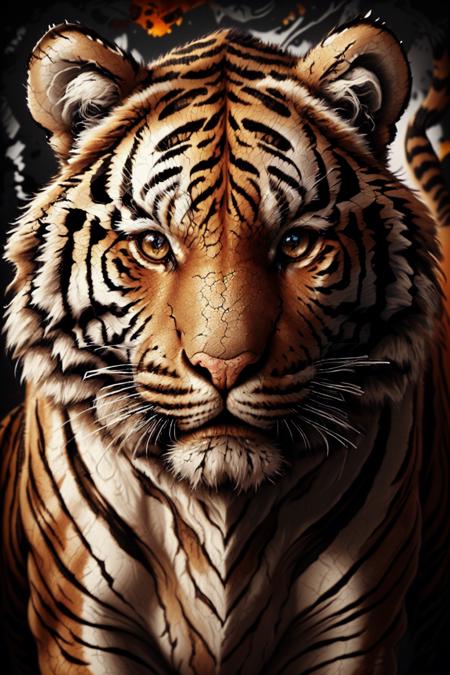 tiger head, closeup, fine fractal glossy vivid colored ink sketch shiny contours outlines of a perfect physique bengal tiger silhouette, with orange and purple amber stone inlays <lora:ral-drath-sd15:1> drath