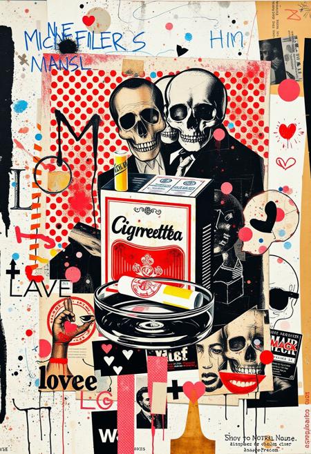 Outsider art. A surreal and deconstructed mixed-media collage in the style of Jacques Prévert with an urgent sense of chaos and energy. An analogue collage artwork blending fragmented styles, layers and textures. 
The main image is a punk stencil photocopy print of a magazine image of a cigarette packet and ashtray. Print errors, halftone dots. grungy print registration errors. 
Layered over this obscuring the image are multiple fragmented and overlapping layers of chaotic thick paint, splatters of paint, palette knife oil paint, handwritten scrawled text messages, torn photographs and broken distorted vintage photographs filling the canvas. 
Layered sections of repetitive brightly coloured dots are spraypainted in Yayoi Kusama style. Fragmented skulls and abstract faces in Jean-Michel Basquiat style over the top. This hides sections of the image below. Outlines are roughly redrawn in black ink and thick oil paint. 
On the top layer are rough hand-drawn letters and love hearts scrawled heavy-handedly in blue biro on to print.
The overall effect is manic and anarchic with an urgent sense of energy.
