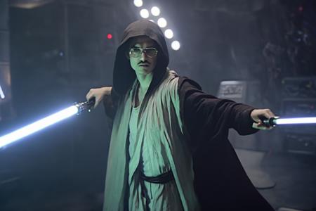 H4ck3rm4n film still from Star Wars, defeated hackerman with a moustache wearing glasses, a robe with a hood holding a lightsaber on the deathstar, vhs cinematic analog film still, action pose, cinematic lighting