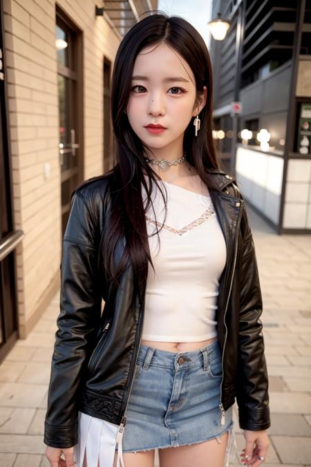 wooahwooyeon, night, on a streets, summer, RAW,(8k, best quality, masterpiece:1.2),(intricate details:1.4),(photorealistic:1.4),octane render, complex 3d render ultra detailed, studio soft light, rim light, vibrant details, ultra detailed, realistic skin texture, detailed face, beautiful detailed eyes, extremely detailed CG unity 8k wallpaper, makeup, (detailed background:1.2), (cowboy shot:1.2),(perfect anatomy:1.2),(wide hip:1.1),(black leather jacket, mini skirt, choker, bracelet:1.1), <lora:wooahwooyeon-v1:1>