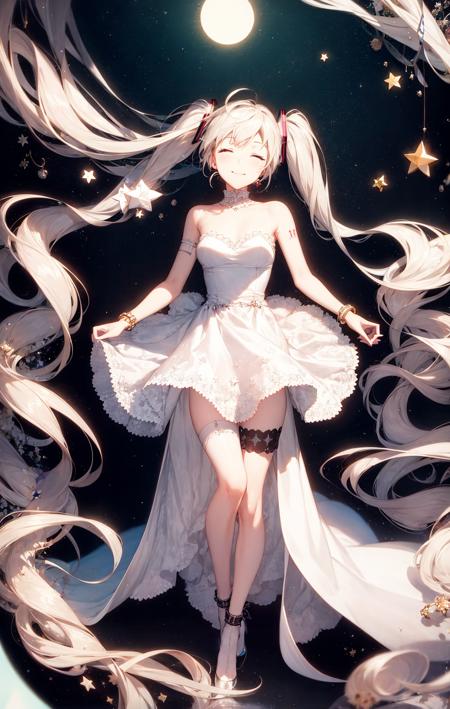 <lora:style_Rella:1> 1girl, aurora, bare_shoulders, bracelet, city_lights, closed_eyes, constellation, crescent_moon, dress, earth_\(planet\), fireworks, floating_hair, full_body, galaxy, glowing, hair_ornament, hatsune_miku, high_heels, jewelry, light_particles, long_hair, milky_way, moon, night, night_sky, outstretched_arms, planet, shooting_star, short_dress, single_thighhigh, sky, sleeveless, smile, solo, space, standing, star_\(sky\), star_\(symbol\), starry_background, starry_sky, starry_sky_print, strapless, strapless_dress, tanabata, thighhighs, tiptoes, twintails, very_long_hair, white_dress