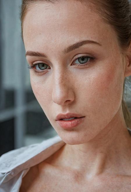 closeup photo of sensual East-European woman, cleavage, luxury office, early morning, (veins, skin pores, natural skin texture:0.55),