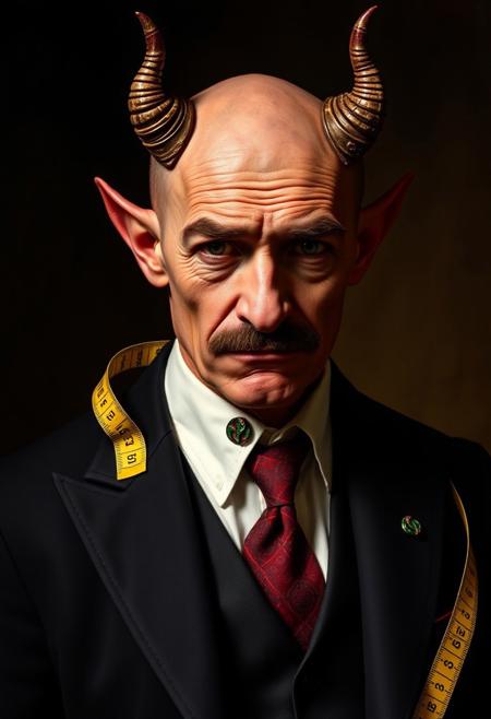 Three-quarter portrait of the devil dressed as a young tailor. He is bald with a small curly dark brown and grey handlebar moustache. Black three-piece suit, white shirt, red patterned tie. ((A pin of a green snake is on his jacket lapel.)) His face is wrinkled and red. Devil horns.  He drapes a yellow tape measure at the sides of his neck like a scarf. 
Rembrandt Lighting style, shadow, partially covered in shadow, Rembrandt shadow style, nose shadow.