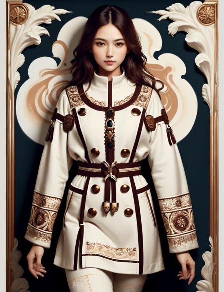 ((best quality)), ((masterpiece)),DonMC0ff33Ch0c  Snug upper body clothing, Boat Neck, Jacquard, , Fresco (for wall paintings), Long Sleeves, Knee Length, Natural Waist,  Detachable Train, Button Closure,  , made of cream and latte, <lora:DonMC0ff33Ch0c_v2-000007:1.0>