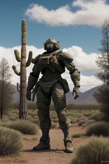 masterpiece, absurd resolution, 8k, (Desert Camouflage paint job) zzmckzz, ((best quality)),((masterpiece)),((highres)),((detailed)), original, full body, 1boy, caucasian, blond hair, blue eyes,  solo, standing, sky, cloud, pine trees, dry grass, science fiction, realistic, military, detailed,
