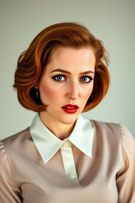 upper body high fashion photo of a woman with red hair. Epic inspiration for autumn natural makeup, abstract art, Exquisite detail, high resolution photo, realistic photo, intricate detail, natural lighting, elegant blouse, agentscully