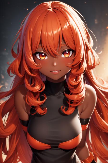 extreme quality, cg, detailed face+eyes, (bright colors:0.9), a cute girl, (dark skin), colored outlines, curly hair, red hair, orange, masterpiece, 8k, (tone mapping, hyper focus:0.7), aqua, (random:1.4)