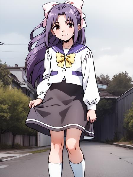 koigakubomomoko, 1girl, soro, hair_bow, pink_bow,  long_hair, brown_eyes, purple_hair,  bangs,  ponytail,