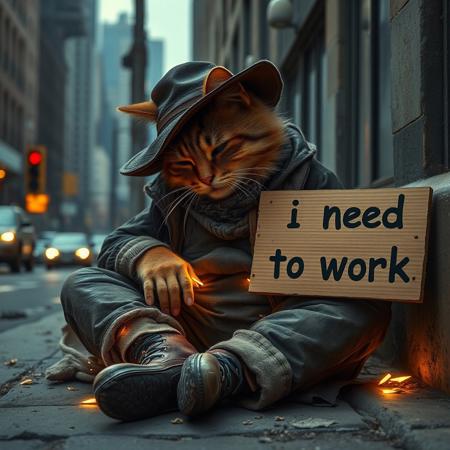 Ultra realistic. city like new york, a vagabond cat, with old dirty clothes, ripped boots, sleeping on a city street, with an old dirty hat over his face, many small golden lightning bolt form pieces glowing falling out of his pants pockets, a carboard sign with the text "i need buz to work"